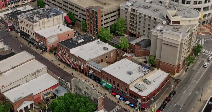 Memphis Tennessee Aerial v61 cinematic low birds eye view drone flyover iconic historical beale street, the entertainment district in downtown city at daytime - Shot with Mavic 3 Cine - May 2022