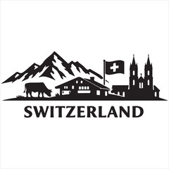Fototapeta premium Switzerland illustrated with alps, flag, and traditional architecture