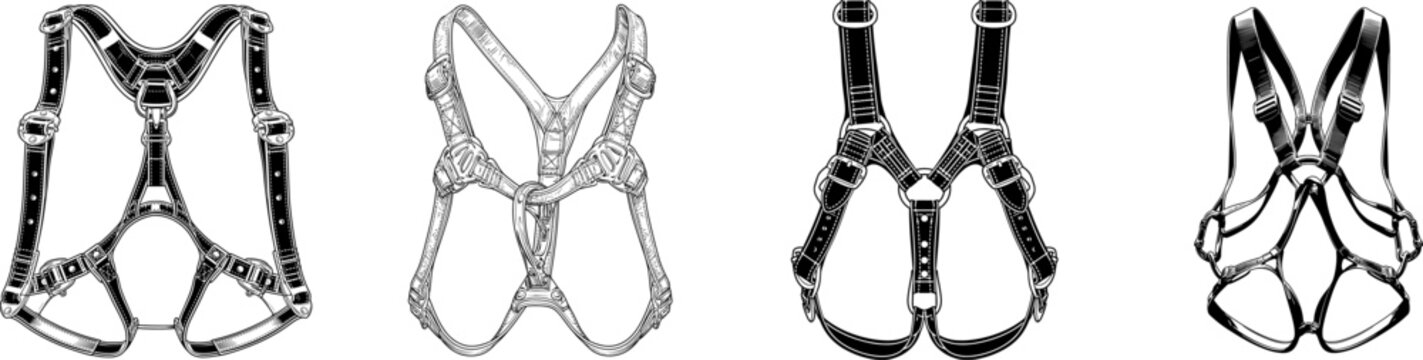 A black nylon climbing harness with a minimalist design features two-dimensional flat lines against a white background, emphasizing its sleek and modern aesthetic