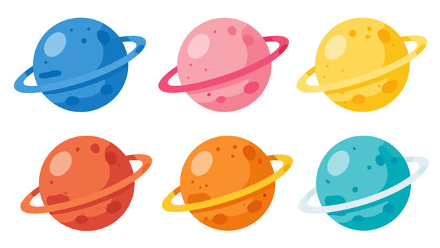 Six colorful vector planets with rings in various shades for commercial use