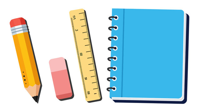 vector educational tools including pencil, ruler, eraser, and notebook for learning and study supplies illustration