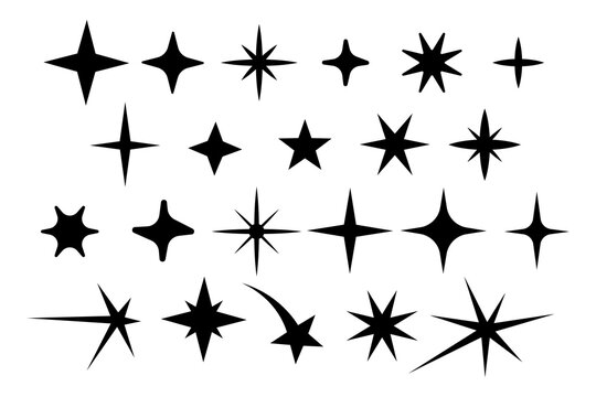 Sparkle starburst shapes collection. Twinkle, shine and glitter icons in various styles for highlights, reflections, festive decorations, luxury branding, stickers, logos and vector design.
