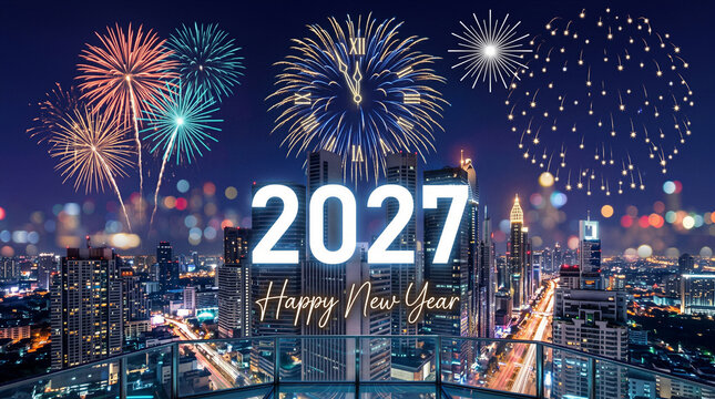 Happy New Year 2027 Celebration, 2027 city skyline with colorful fireworks festive holiday greeting night vector illustration