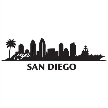 Silhouette skyline of san diego with palm tree and uss midway