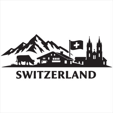 Switzerland illustrated with alps, flag, and traditional architecture