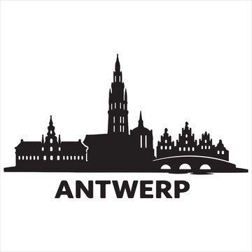 Silhouette skyline of antwerp featuring iconic cathedral and bridge