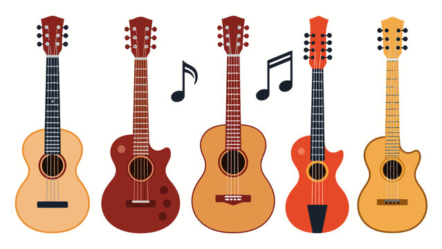 Five types of acoustic guitars in various colors and styles with musical notes vector