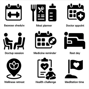 Meditation exercise time water schedule vector icon wellness milestone health set doctor