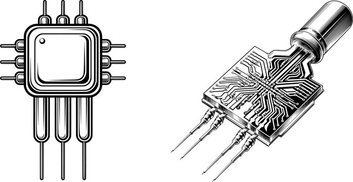 A sleek black silicon transistor in a minimalist 2D flat vector design stands against a stark white background, exuding the essence of modern electronics engineering
