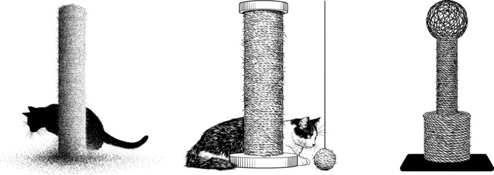 A sleek black cat gracefully climbs a textured sisal scratching post against a stark white backdrop, leaving behind scattered fur strands