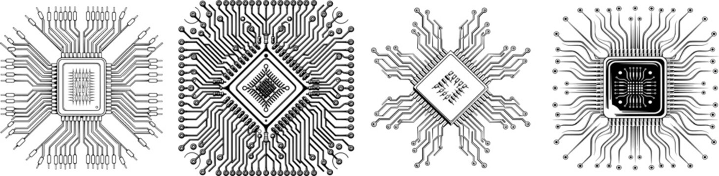 A black-colored solid-state drive microchip in a 2D flat vector style with a white background, showcasing intricate circuitry and connections
