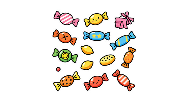 vector collection of colorful candies, sweets, and treats with various wrappers and shapes for commercial use