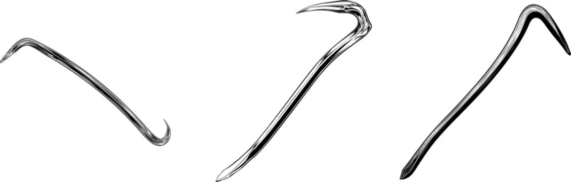 A sleek black steel prying crowbar in a minimalist 2D flat vector style with a clean white background