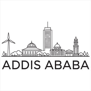 Line drawing illustration of addis ababa city skyline with iconic landmarks