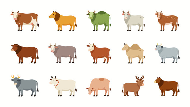 A comprehensive collection of diverse vector illustrations showcasing various types and breeds of cattle in vibrant colors for commercial use