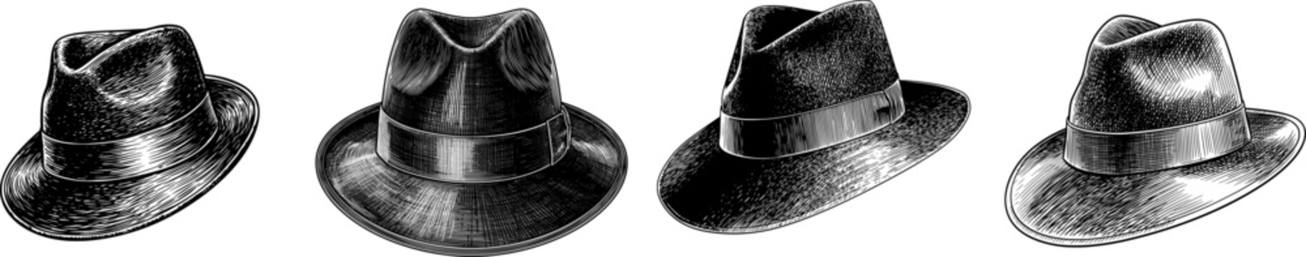 A classic black fedora hat with a stiff brim in a 2D flat vector style against a white background