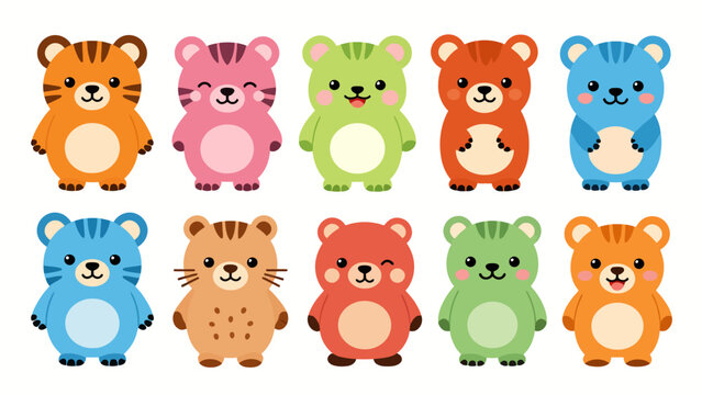 Ten colorful cartoon bears in various colors and poses vector
