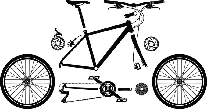 Bicycle parts silhouette set with isolated frame wheels handlebars pedals and drivetrain components