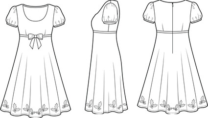 Christmas empire waist dress fashion technical sketch template with holly berry border pattern © Md Atiar Rahman
