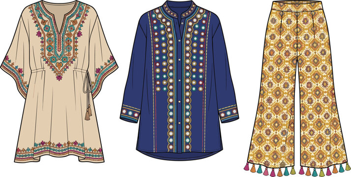 Bohemian women resort fashion technical sketch vector set including kaftan tunic and printed trousers