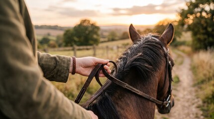 Fototapeta premium Person holding horse reins while riding on a country trail during a peaceful golden hour sunset