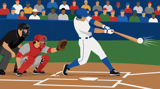 Powerful baseball batter making solid contact with a fast pitch as catcher and umpire watch, dynamic vector sports illustration of home run action, stadium crowd, competition and athletic energy