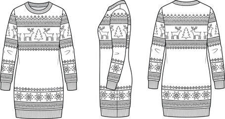 Fashion technical sketch of a Christmas knitted sweater dress with deer and snowflake fair isle patterns © Md Atiar Rahman
