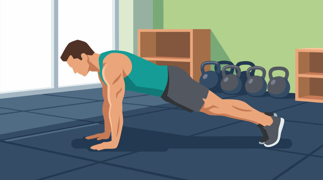 Determined fitness athlete performing burpee plank on rubber gym floor, kettlebells and storage racks behind, modern training studio vector illustration for workout, strength and HIIT coaching