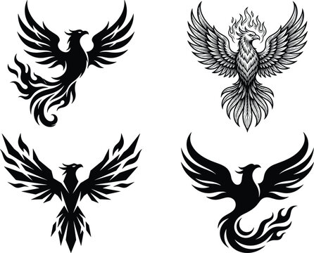 Mythical phoenix bird silhouette and hand drawn firebird emblem collection with flaming wings isolated vector illustration