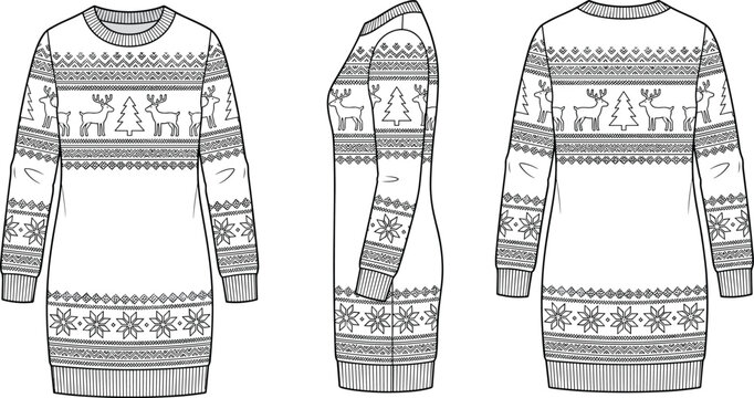 Fashion technical sketch of a Christmas knitted sweater dress with deer and snowflake fair isle patterns