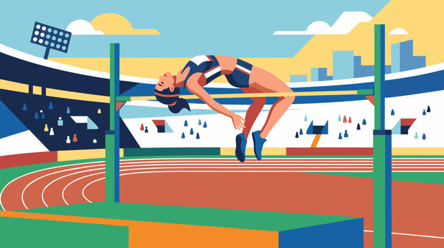 High jump athlete clearing the bar in a graceful backward arch inside a bright stadium, dynamic vector sports illustration with track, crowd, hurdles and competitive energy banner scene