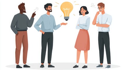 Obraz premium Diverse Team Discussing Creative Ideas with Light Bulb on White Background