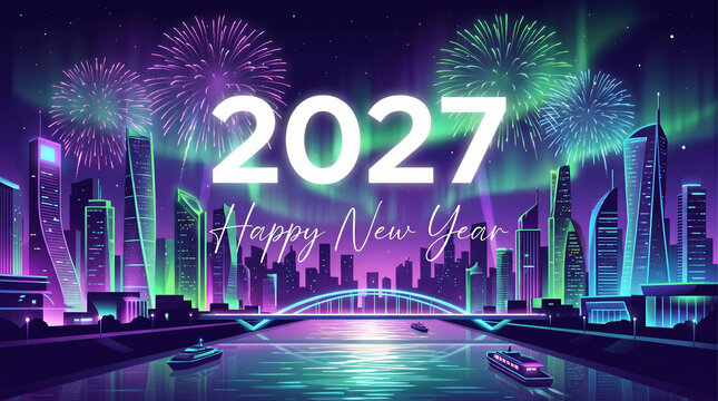 Happy New Year 2027, Futuristic neon city skyline celebration with colorful fireworks glowing urban night background for holiday greeting design