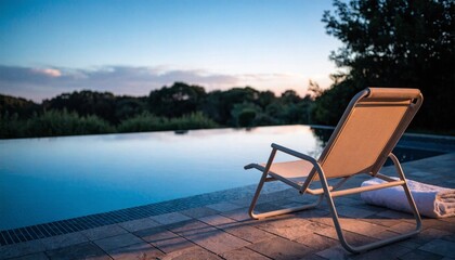 Fototapeta premium Empty poolside lounge chair with folded white towel beside a glassy infinity swimming pool at blue hour, serene resort patio reflecting fading sunset light and quiet luxury vacation calm and escape