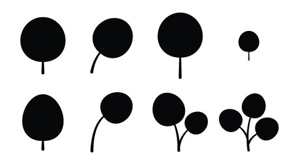 Round leaf and eucalyptus branch silhouette vector set isolated on white background. Minimalist black tree foliage icons of circle shapes, abstract plant sprouts, and organic stems. © selena