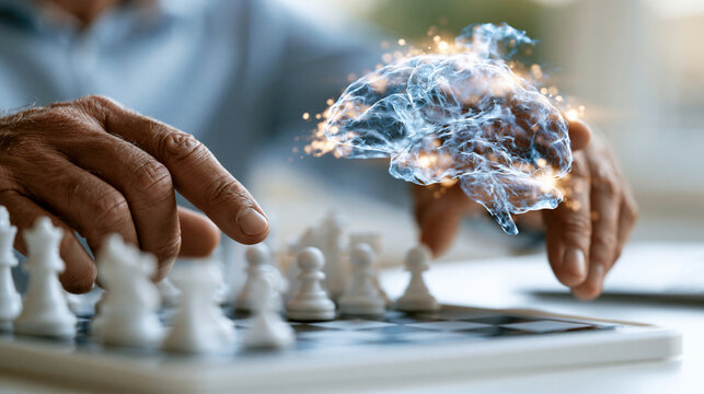 A person interacting with a clean artificial intelligence powered digital brain over a chessboard on a bright background artificial intelligence machine learning strategy