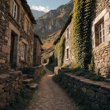 Sunlit mountain village footpath winding between rustic stone cottages with ivy covered walls, alpine peaks, warm afternoon light, and timeless rural travel charm in a secluded European hamlet