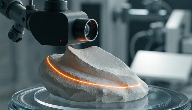Precision 3D scanner casting a glowing laser line over a sculpted plaster model on a glass turntable, capturing fine surface contours in a modern digital fabrication lab with cinematic focus