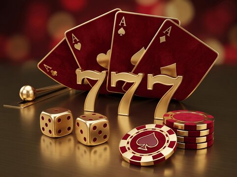 Luxury casino jackpot concept featuring golden sevens playing cards and gambling chips on a polished surface with elegant dark red bokeh background