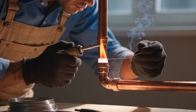 Skilled plumber soldering copper pipe joint with handheld torch, orange flame heating fitting, smoke rising, coil of solder nearby, precise residential repair close up workshop safety detail