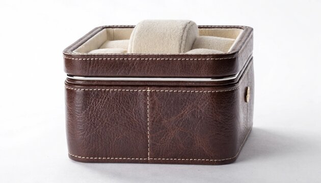 Luxury brown leather watch box with cream suede cushions isolated on white, elegant organizer case for wristwatch storage, jewelry display, gift packaging and premium retail product