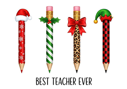 Four decorative pencils with different festive patterns including santa hat, holly, red bow, and elf hat isolated on a black background