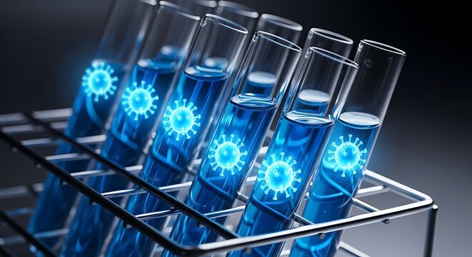 Glowing corona-shaped viruses in test tubes with blue liquid, displayed in a metal rack