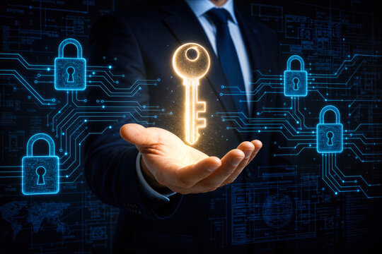 Businessman holding glowing digital key with blue circuit board padlocks cybersecurity concept network security access control data protection