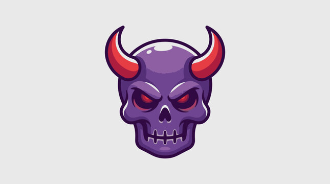 Purple demonic skull illustration with red horns and eyes.