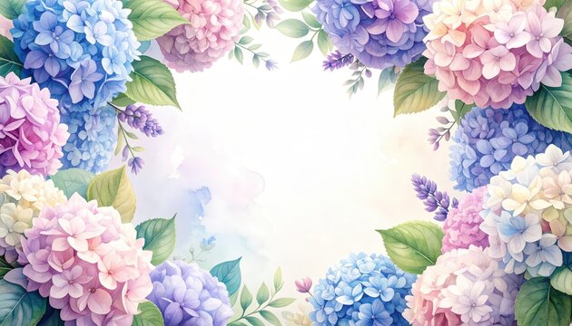 Beautiful Hydrangea Pastel Frame with a Full Borders Canopy of Soft Blue Pink and Violet Blossom Bunches for French Countryside Stationery
