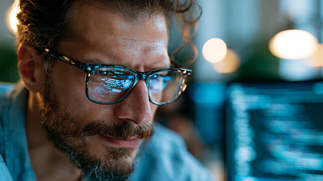 Close up portrait of an attractive software engineer with clean code reflecting in the glasses in a bright office software engineer code reflection glasses e commerce machine