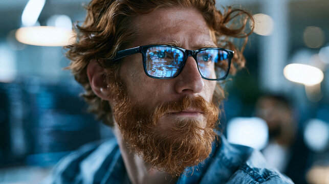 Close up portrait of an attractive software engineer with clean code reflecting in the glasses in a bright office software engineer code reflection glasses e commerce machine