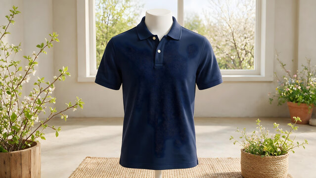 Ultra-quality image of a navy blue polo shirt mockup, displayed from the front, on a mannequin in a brightly lit studio, spring season.