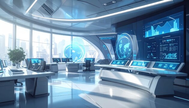 Bright futuristic office with data visualization screens.